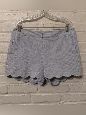 British Khaki Striped Seersucker Scalloped Hem Shorts